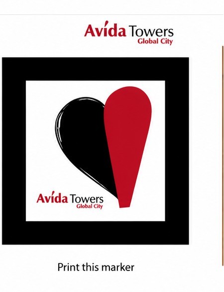 The printable Avida Towers marker: a black and red heart in a black square, with the words Print this marker.