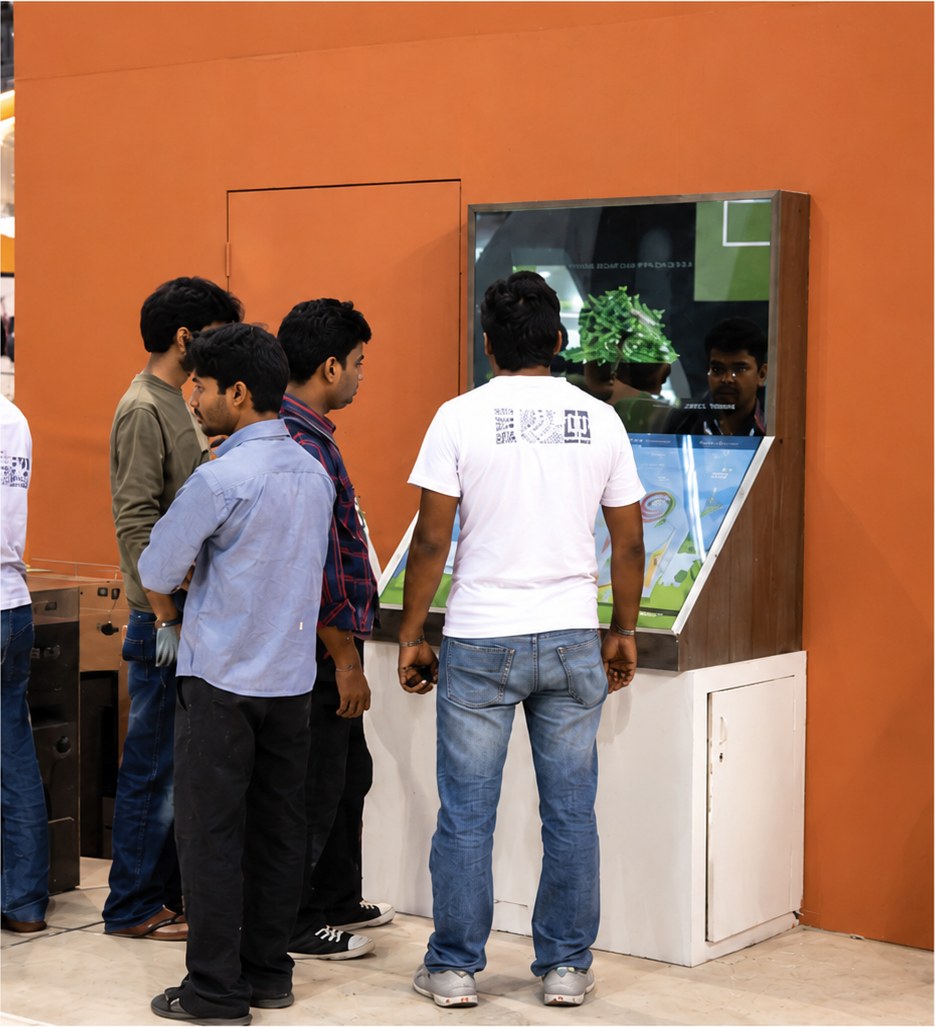 Visitors gathered around one of the kiosks, watching a player at the touch screen.