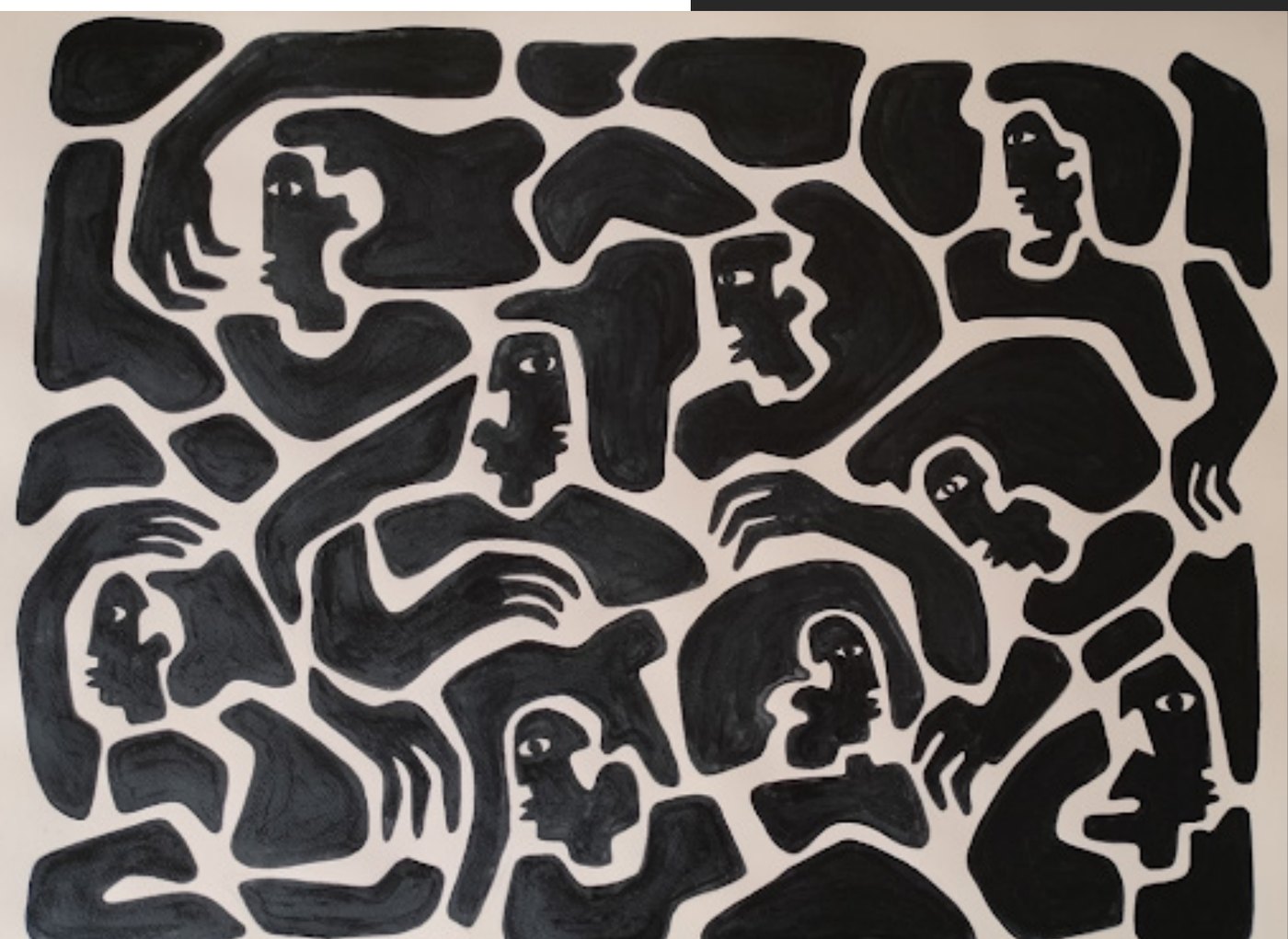 Synergy: black figures crowded together on natural paper.