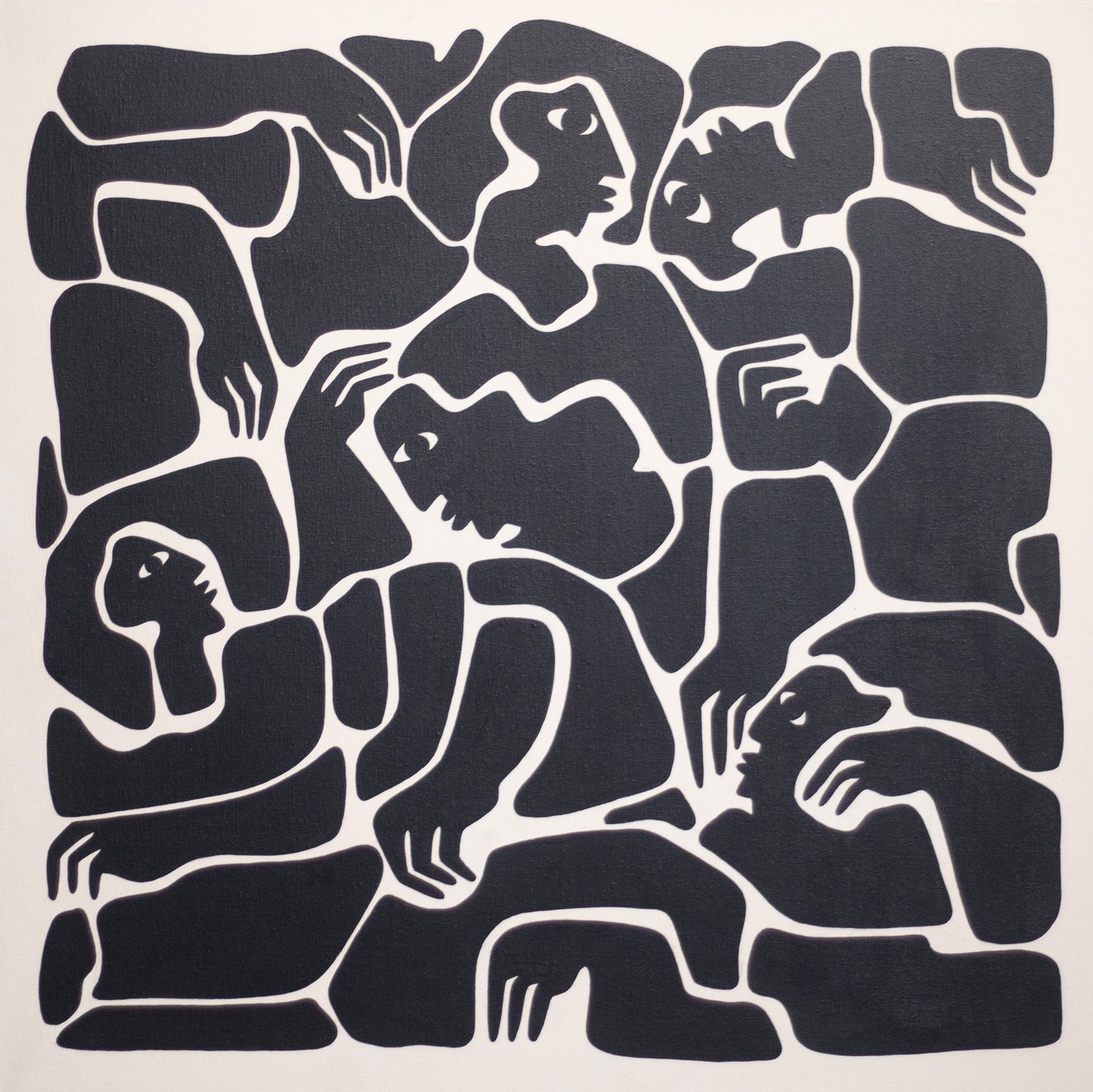 A dense black and white composition of interlocking figures.