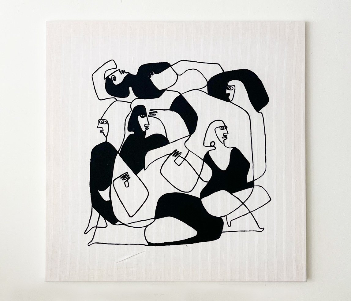 The Beach: embroidered figures on white cloth.