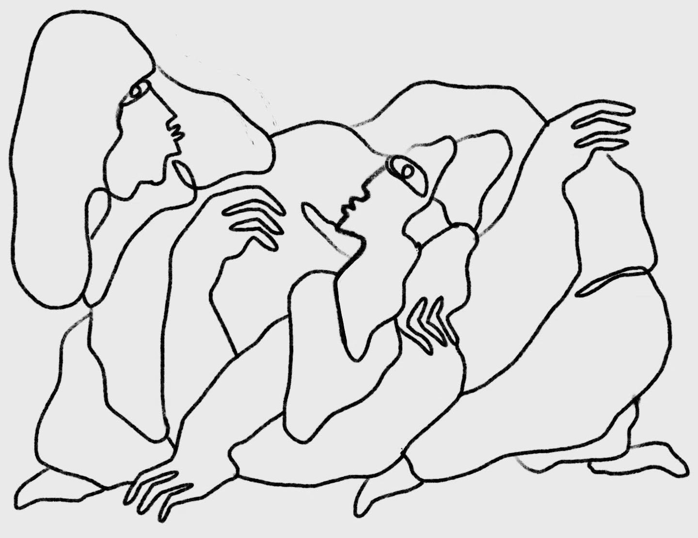 Conversation: two figures sharing tea, in one continuous line.