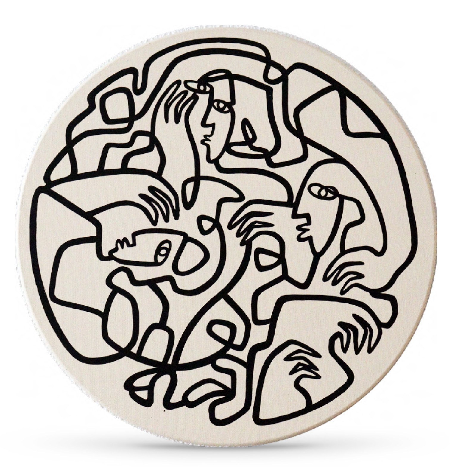 A round panel with an interlocking line drawing.