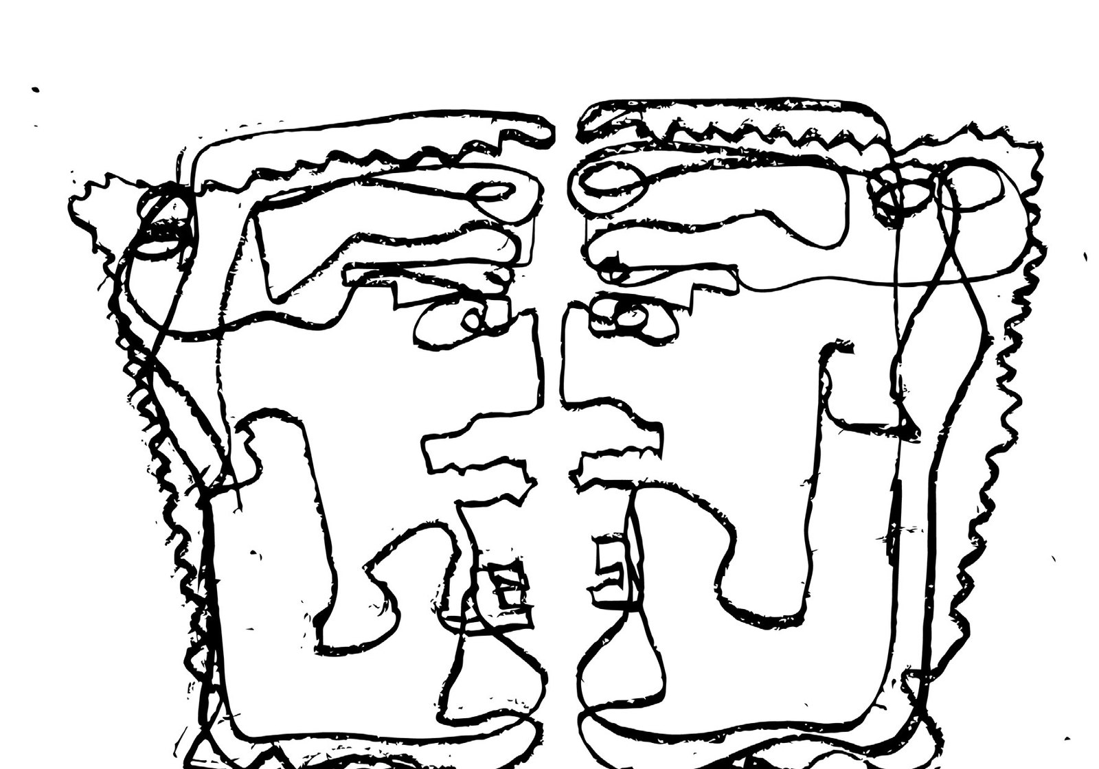 A two-handed drawing of two faces.