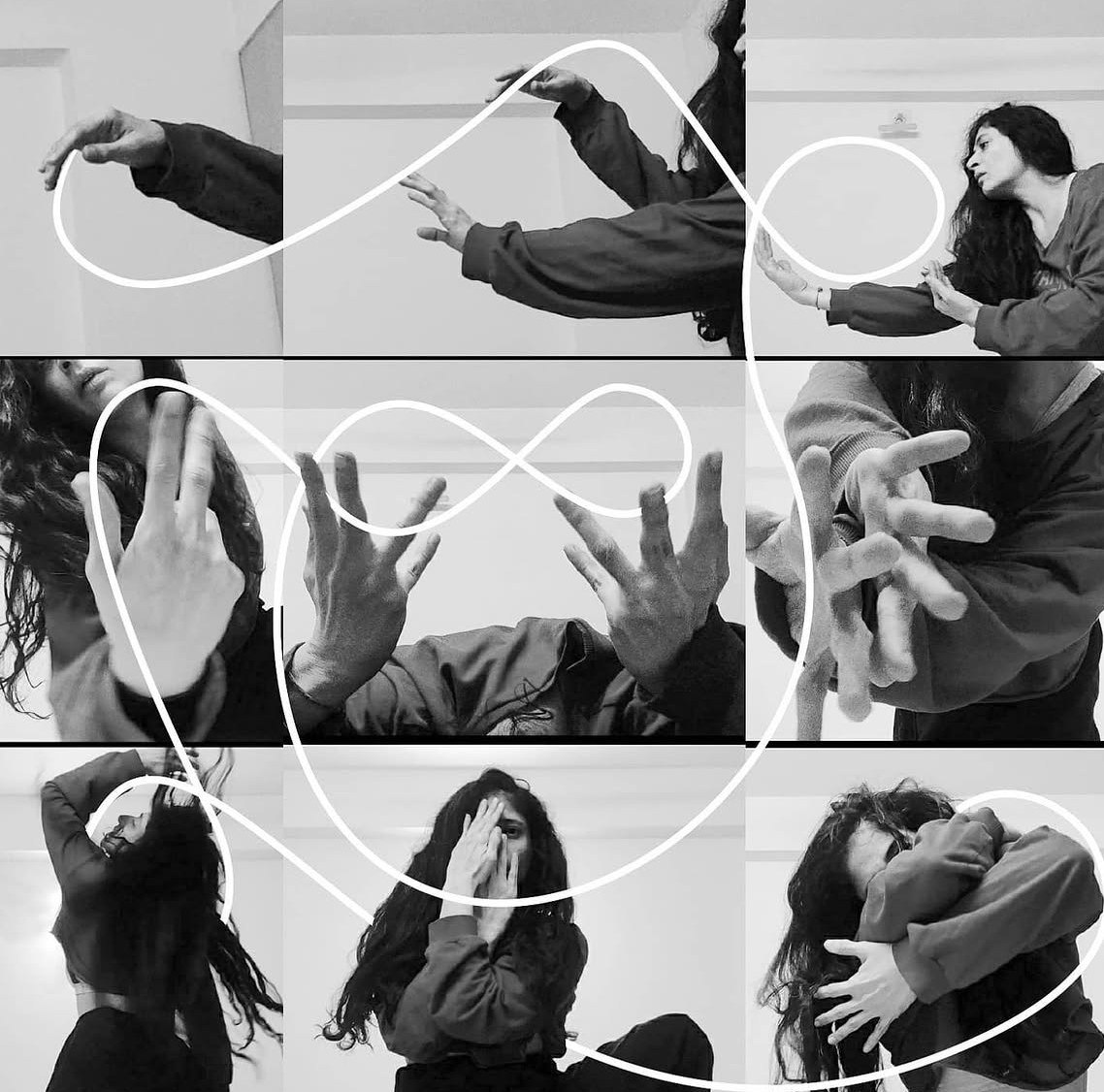 A grid of movement stills joined by a drawn line.