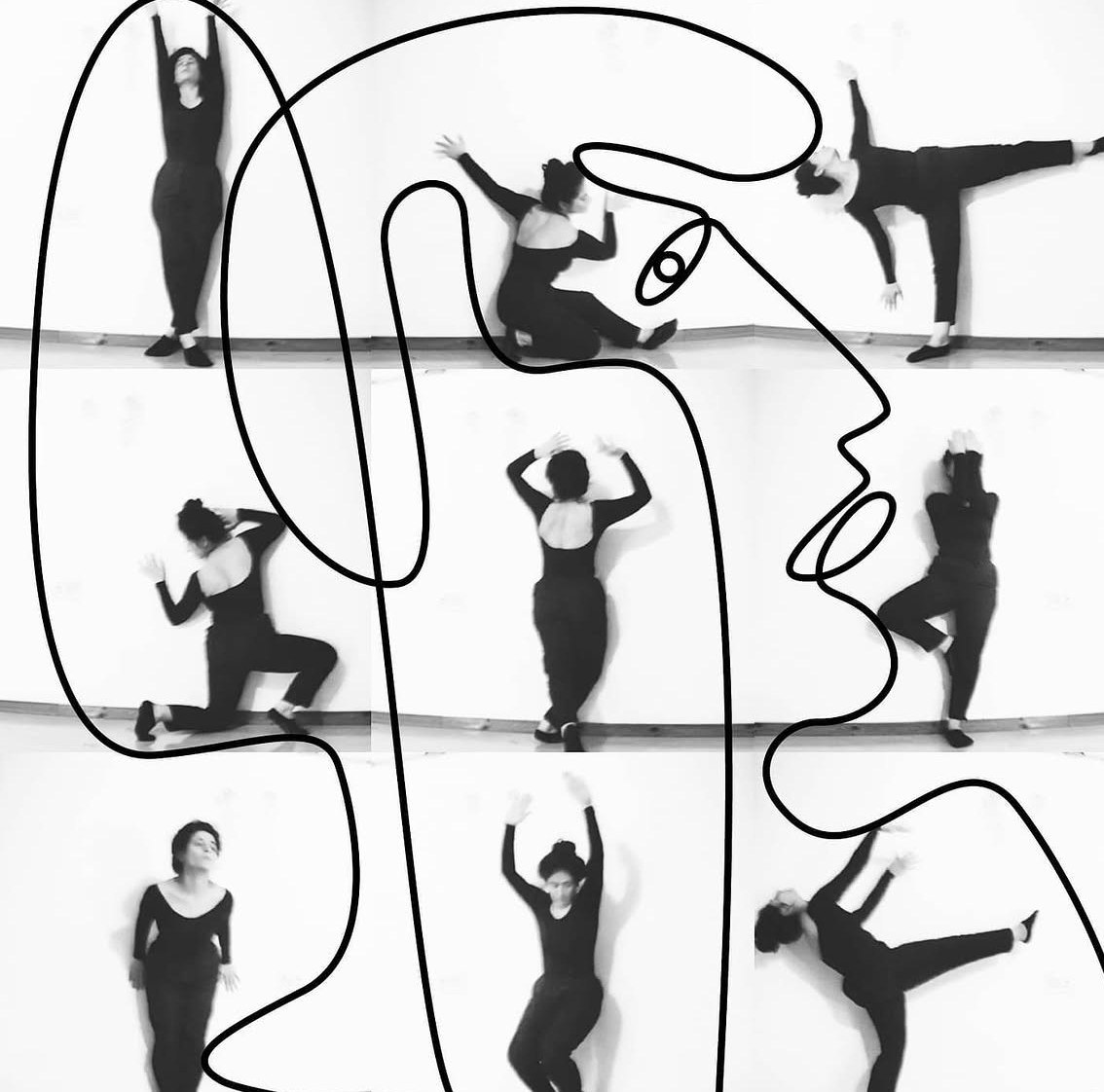 Movement poses arranged around a long line.