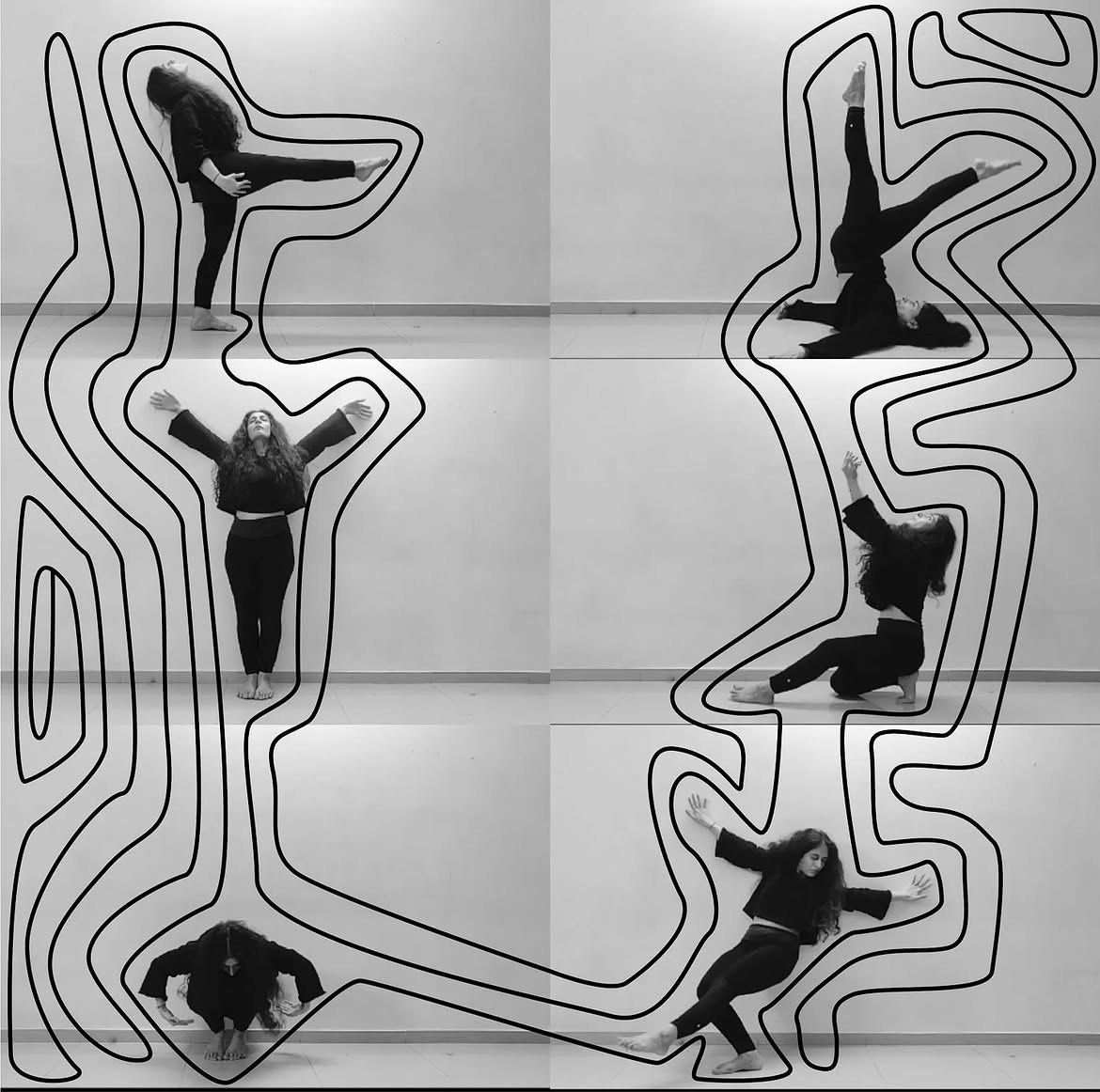 Movement stills framed by a winding line.