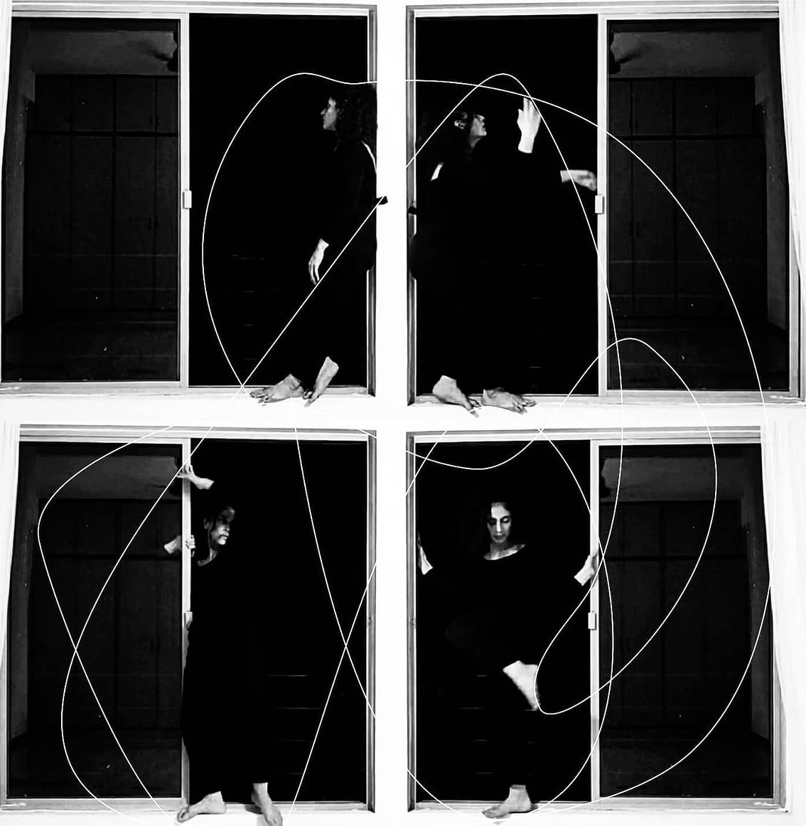 Four stills of a body in a doorway, with a drawn line.