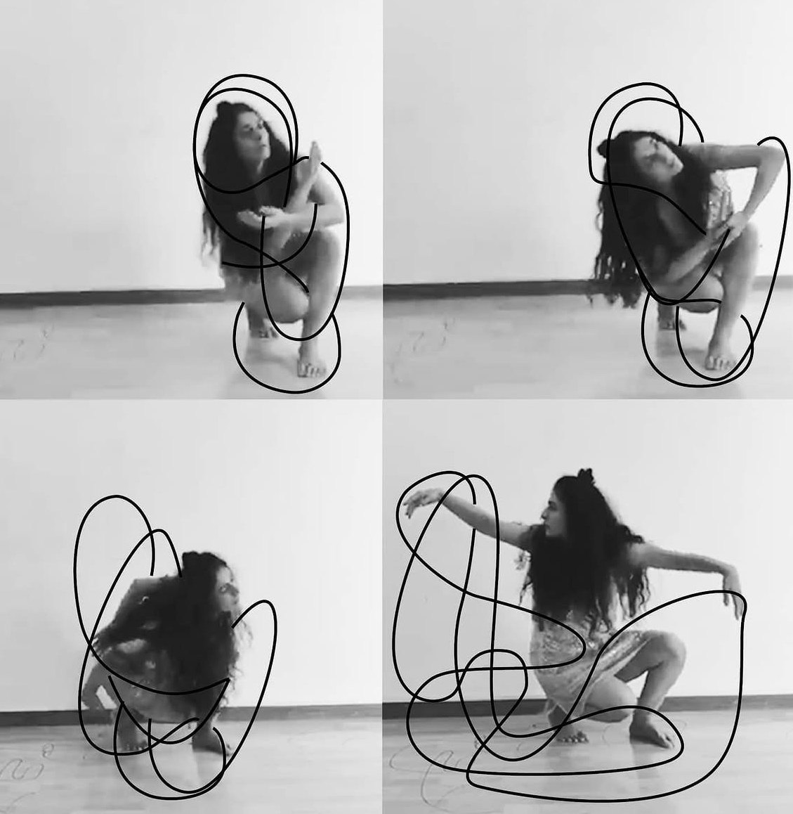 Four stills of a body curled on the floor, with a drawn line.
