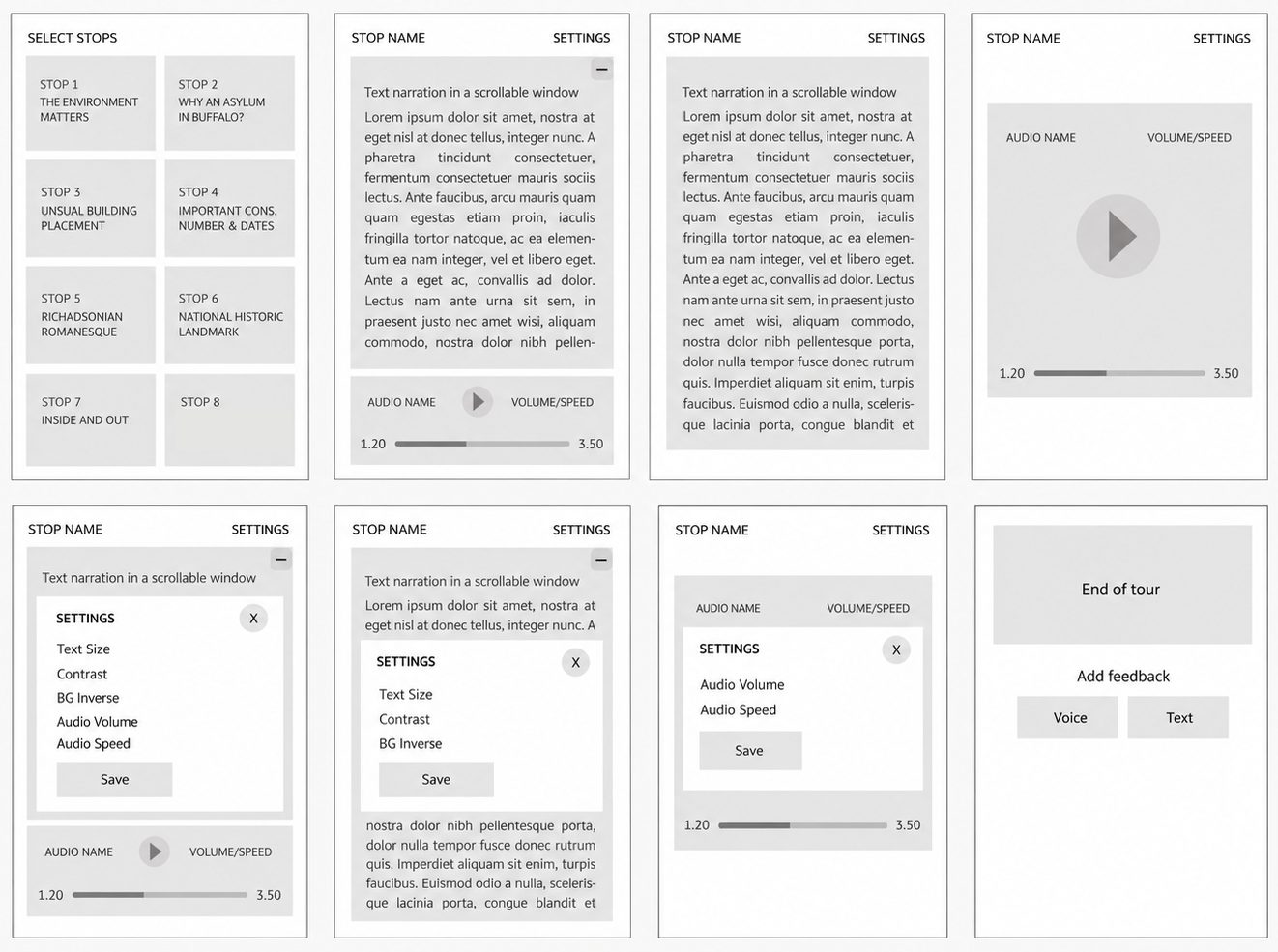 Eight grey wireframes of the tour app screens.
