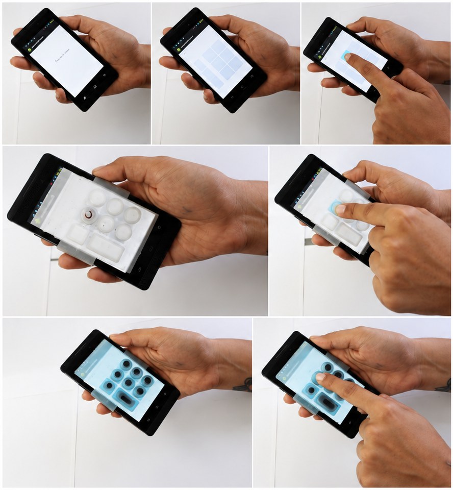 Seven photos of the explorations: a blank screen, the six-key grid, rubber and silicone layers over a phone.