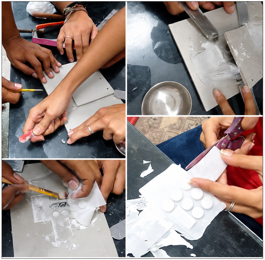 Hands making the silicone mould and cutting the raised braille surface.