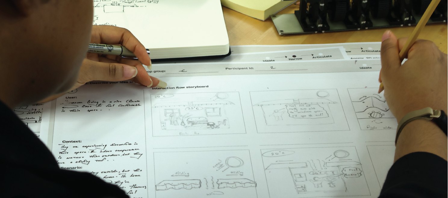 A participant drawing an interaction flow storyboard on a printed template.