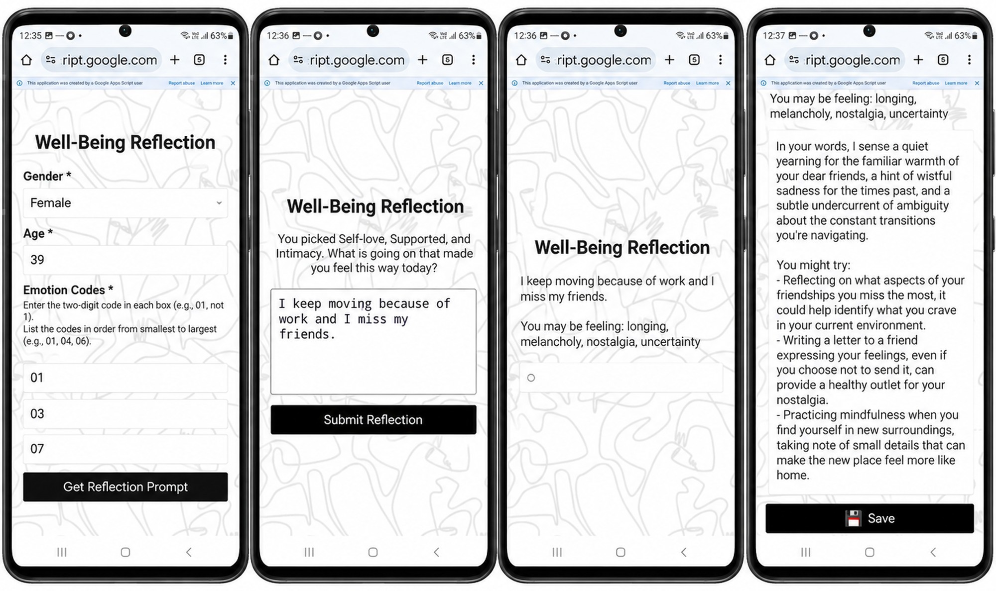 Four phone screens of the Well-Being Reflection web app: entering three card codes, writing a reflection, the emotions it detected, and the guidance with suggested actions.