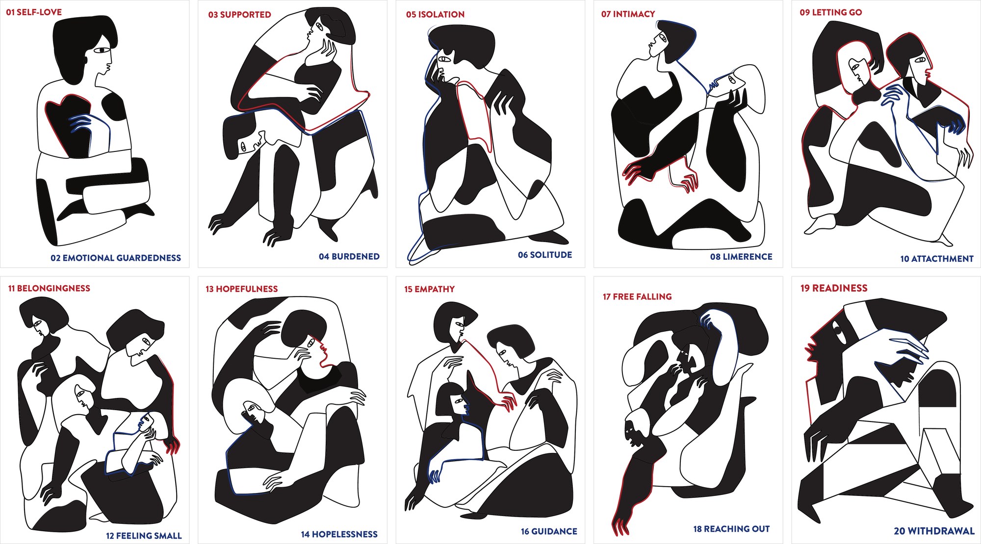 The ten card fronts: black-and-white drawings, each labelled with two emotions, such as self-love and emotional guardedness, isolation and solitude, free falling and reaching out.