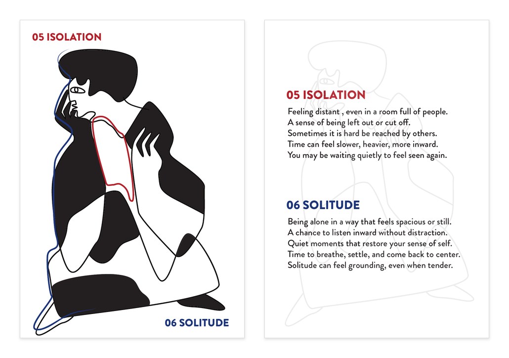 Card five: the front shows a figure hugging their knees; the back describes isolation and solitude.