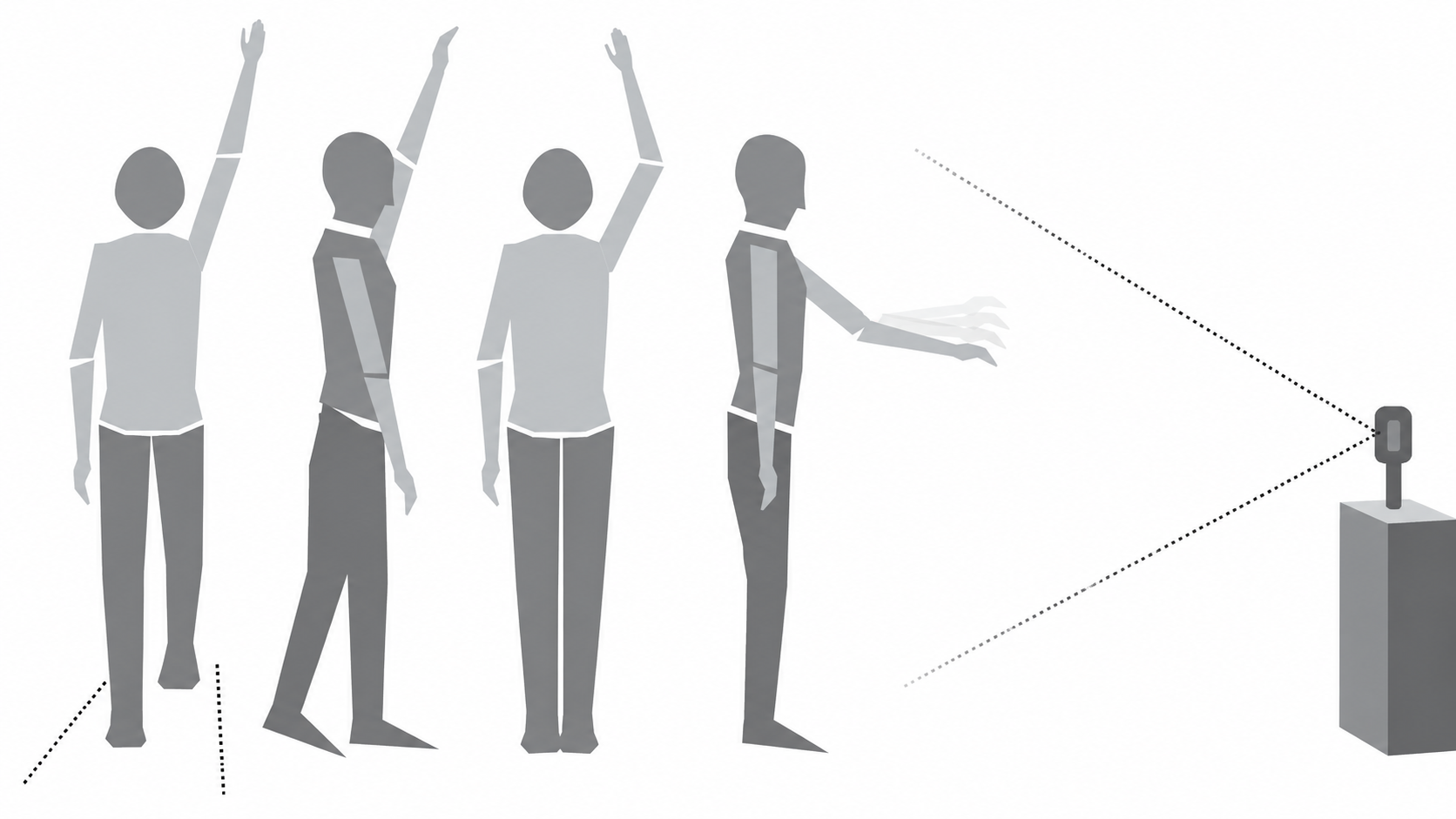 Grey figures raising and extending their arms toward a gesture sensor on a stand.