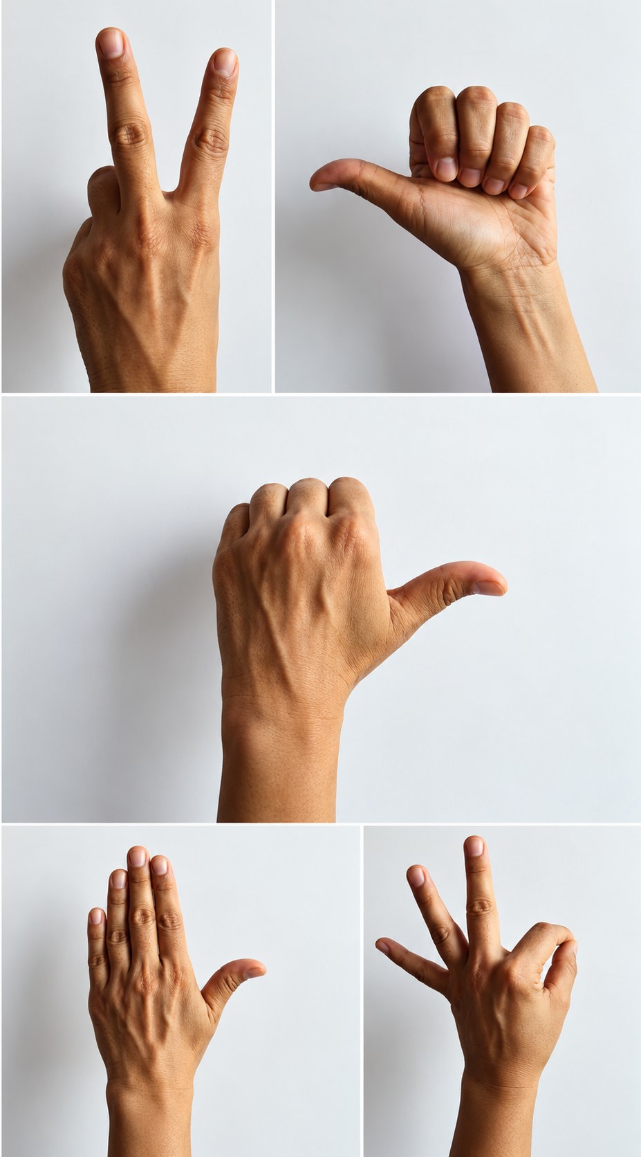 Five photographs of hand gestures: two fingers raised, a thumb pointing sideways, a fist with thumb out, an open palm and spread fingers.