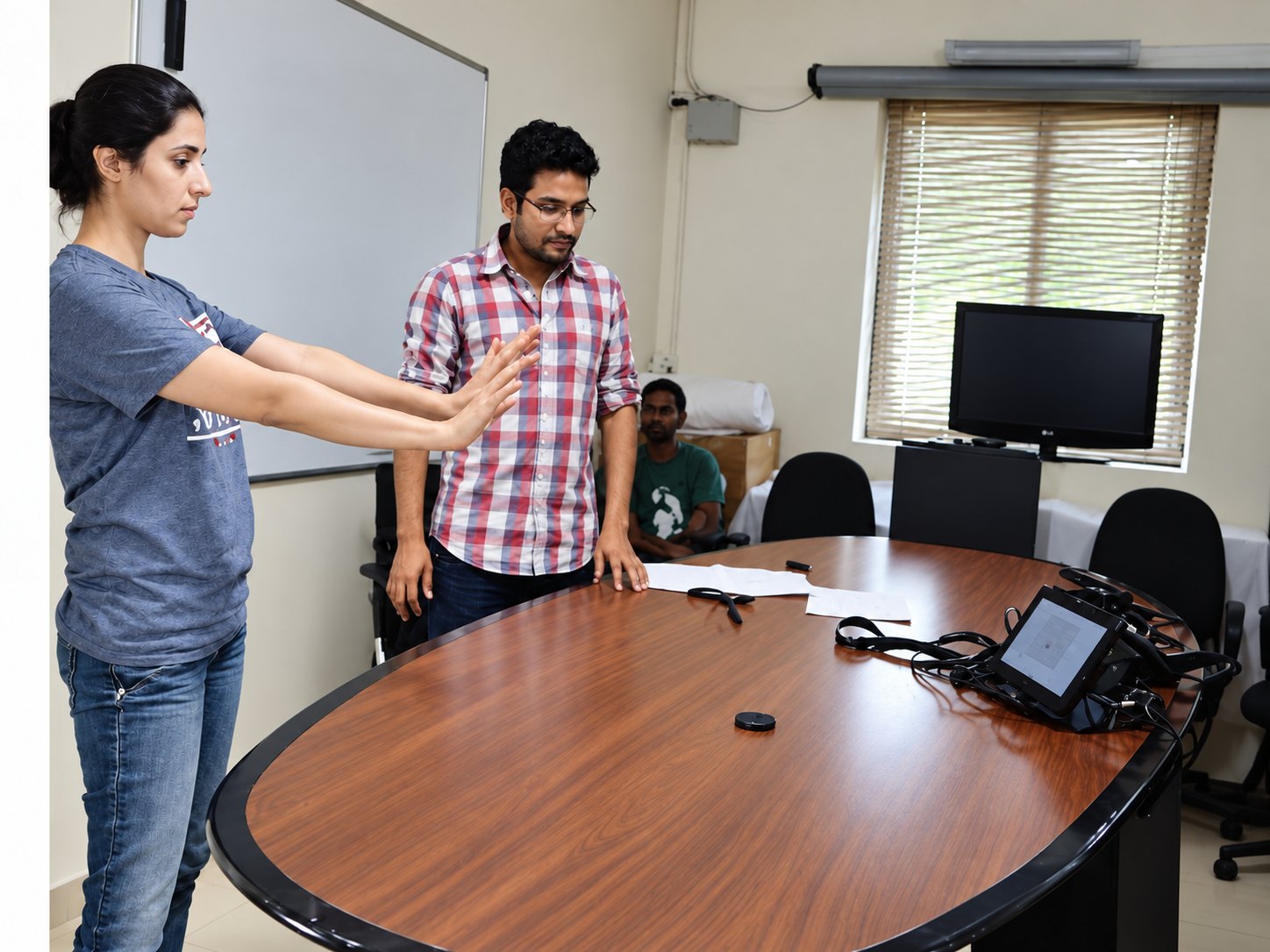A team member demonstrates a two-handed gesture at a conference table while a colleague watches.
