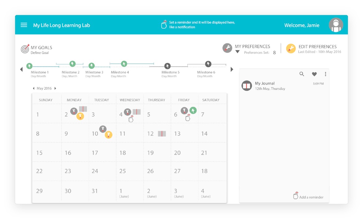 The dashboard for a learner named Jamie: goal milestones along the top, a monthly calendar with reminders and preferences, and a journal panel.