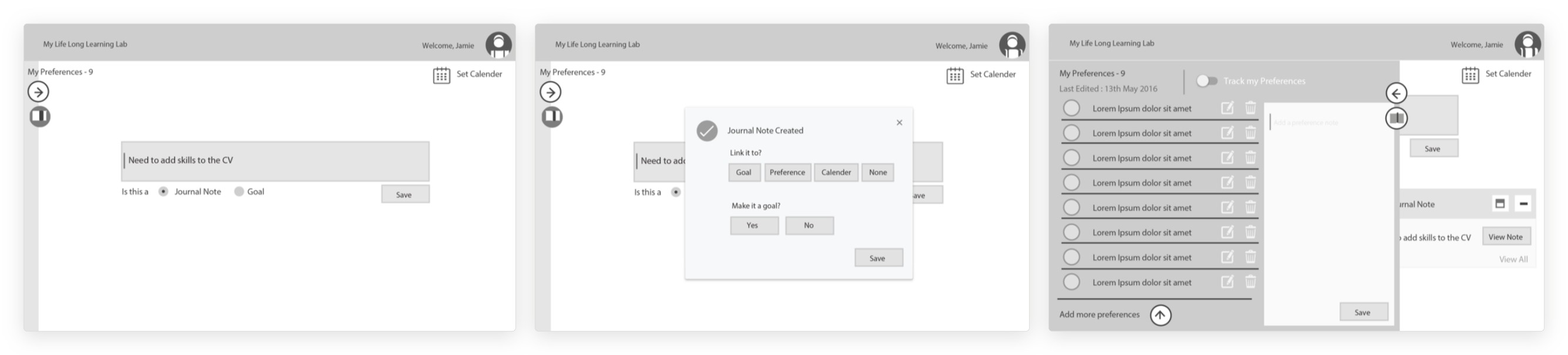 Three wireframes: writing a note, choosing what to link it to, and the list of preferences.