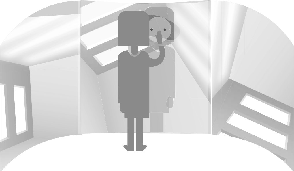 Illustration: a person stands in a curved room; their camera image, half covered by fog, is projected beside them.