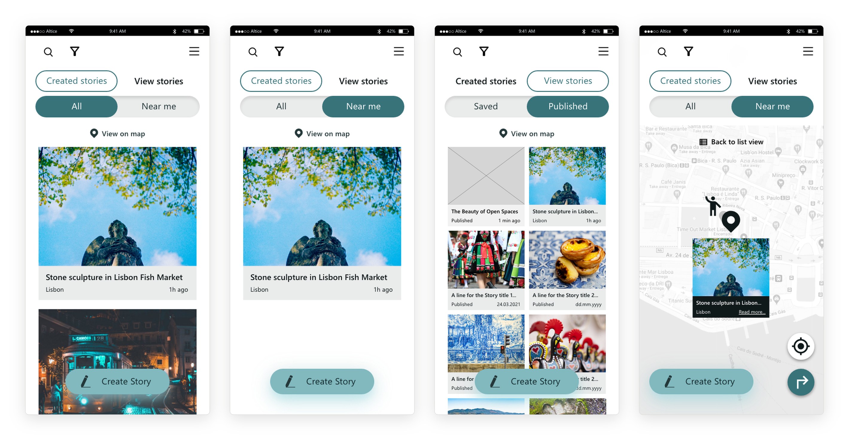 Four screens: all stories with large photos, stories near me, an author’s published stories in a photo grid with a new story at the top, and a map of stories near the reader with a story preview and a directions button.