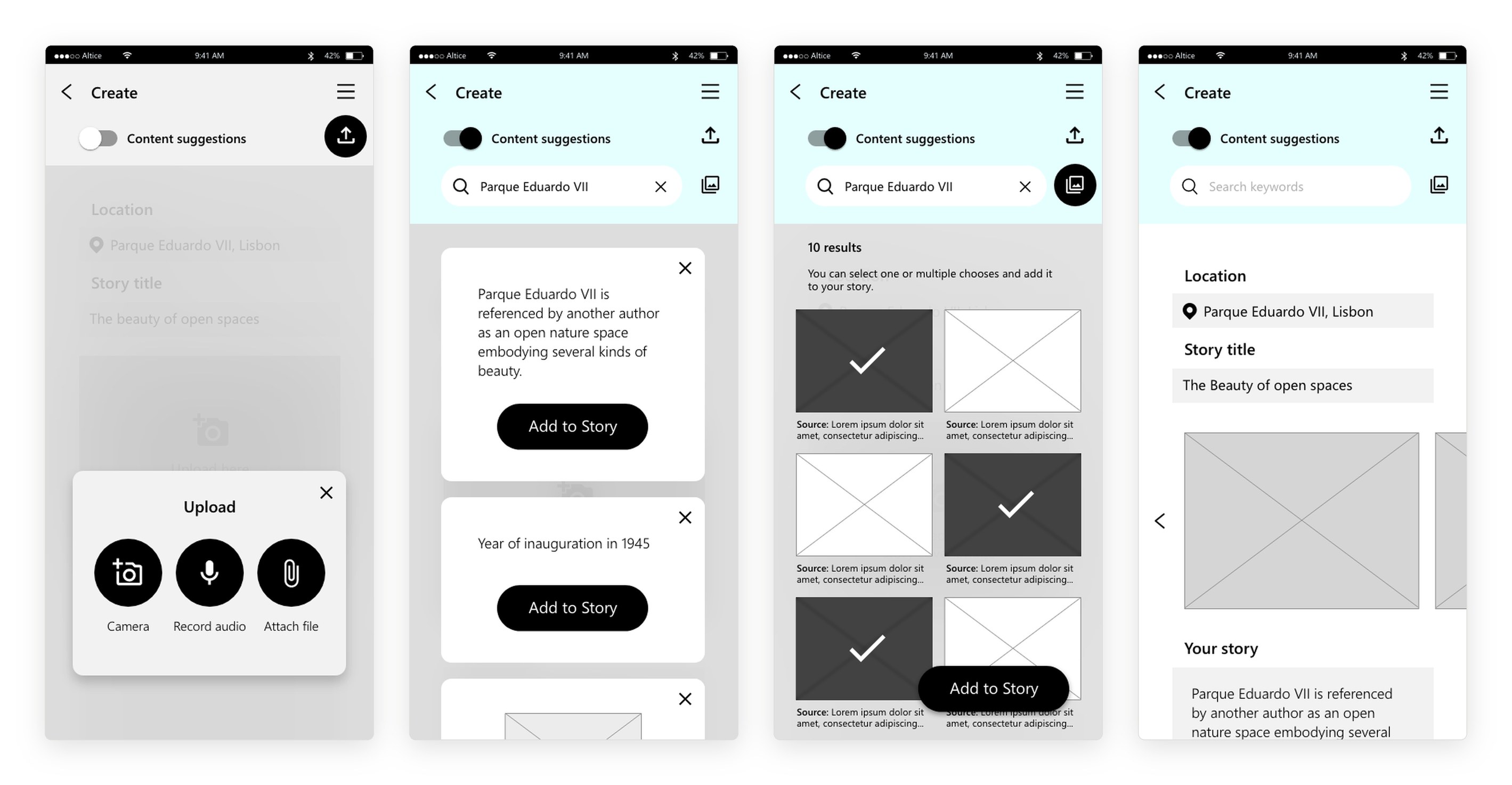 Four screens: an upload popup offering camera, record audio and attach file; suggestion cards for Parque Eduardo VII with add to story buttons; a grid of suggested images with three selected; and the story with the added fact and an image carousel.