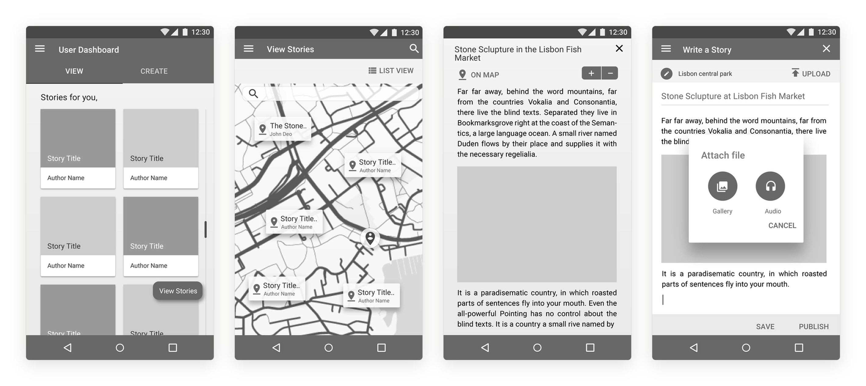 Four grey Android screens: a dashboard of saved stories, a map with story pins, a story detail page about a stone sculpture at the Lisbon fish market, and a write-a-story screen with media.