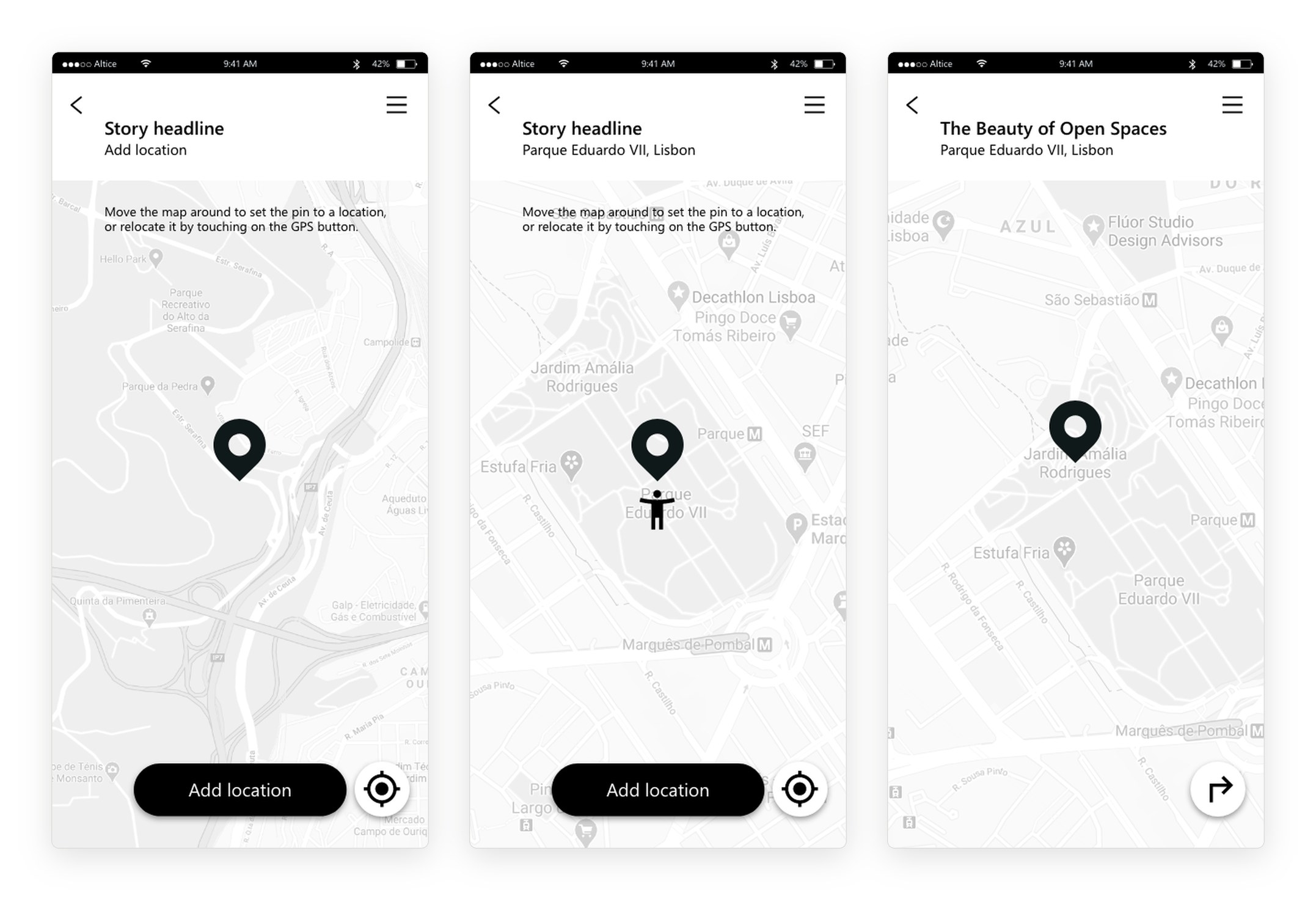 Three screens: an add location map with a pin and instructions, the pin set on Parque Eduardo VII with the writer’s position, and the published story on the map with a directions button.