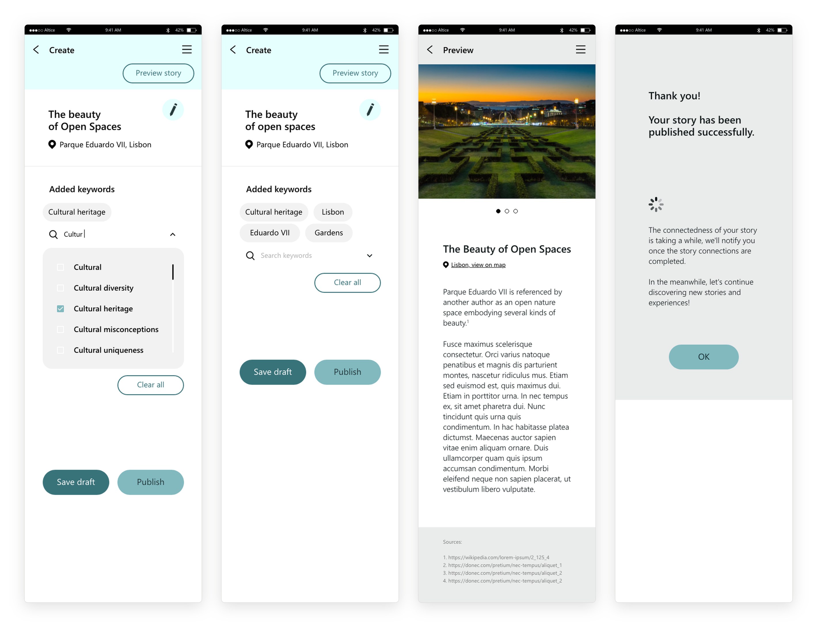 Four screens: a keyword list narrowed to words starting with cultur, with cultural heritage ticked; four added keywords with the publish button active; a preview of the story with a photo carousel, text and a list of sources; and a thank-you message saying the story’s connections will be ready soon.