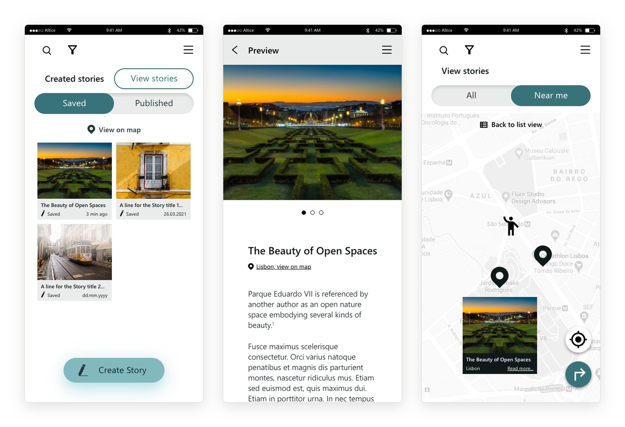 Three screens of the final design: an author’s saved stories with photos, the preview of a story about Parque Eduardo VII, and a map of stories near the reader with a story preview card.
