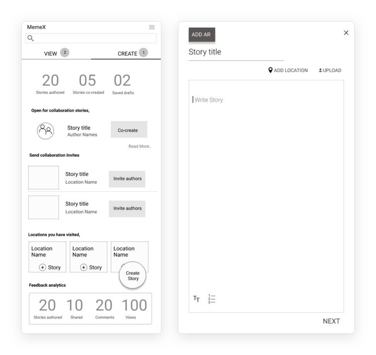 Two version 2 wireframes: an author dashboard with counts of stories authored, co-created and saved, collaboration invites, visited locations and feedback analytics; and a write story screen with add AR, add location and upload.