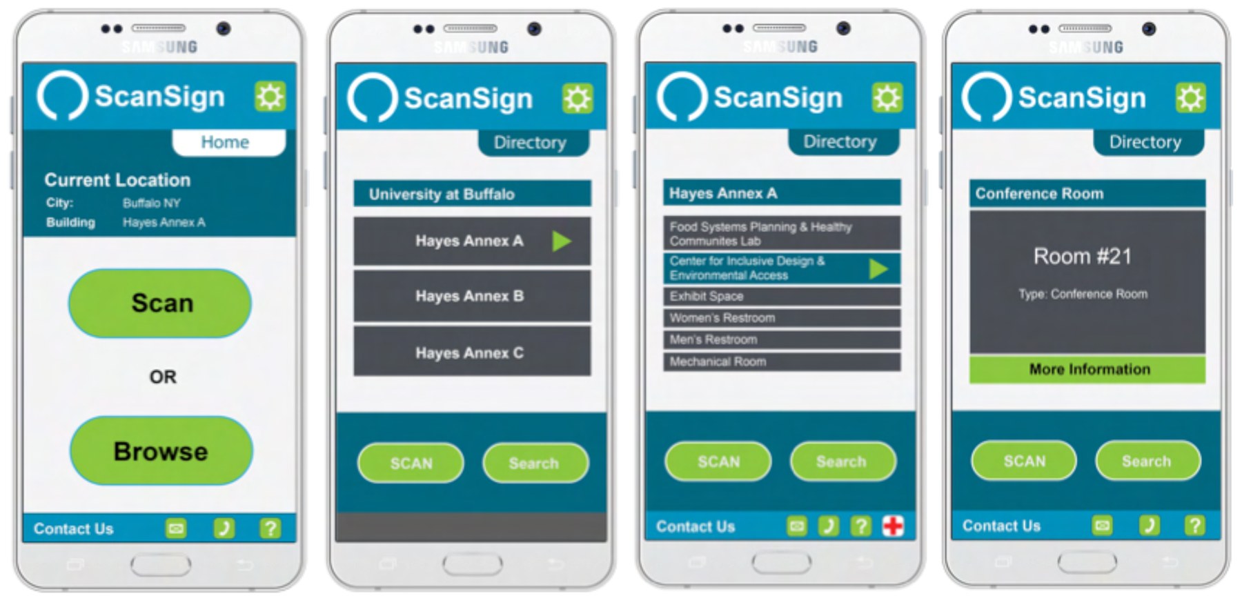 Four ScanSign screens: scan or browse, the building directory, a room list and a room’s details.