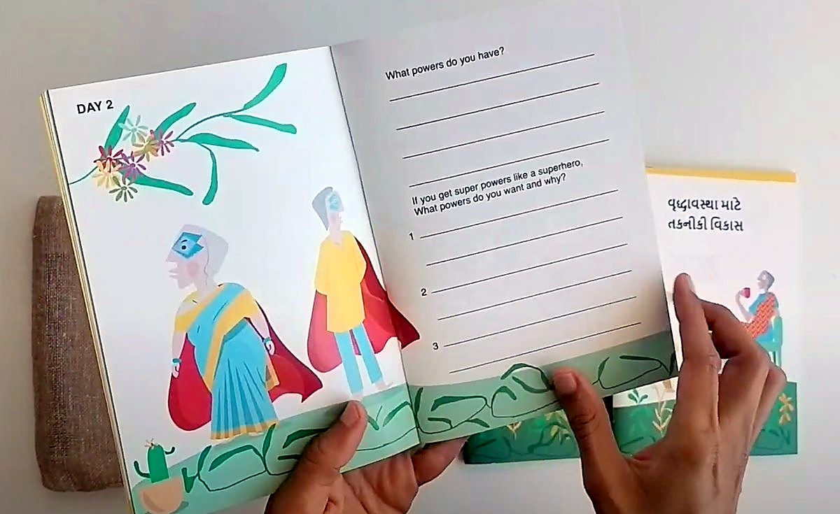 The booklet held open at day 2 · self-efficacy: The powers you have, and the superpowers you would want.