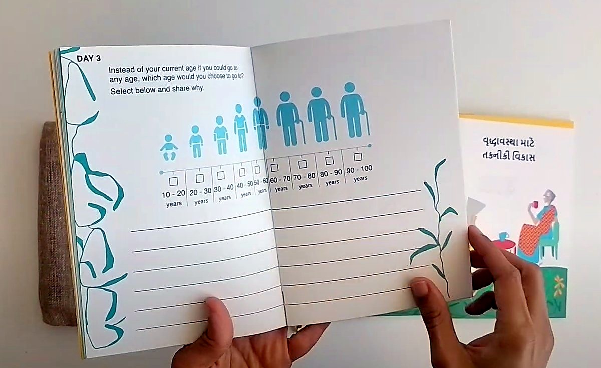 The booklet held open at day 3 · aging process: An age you would go back to, and why.