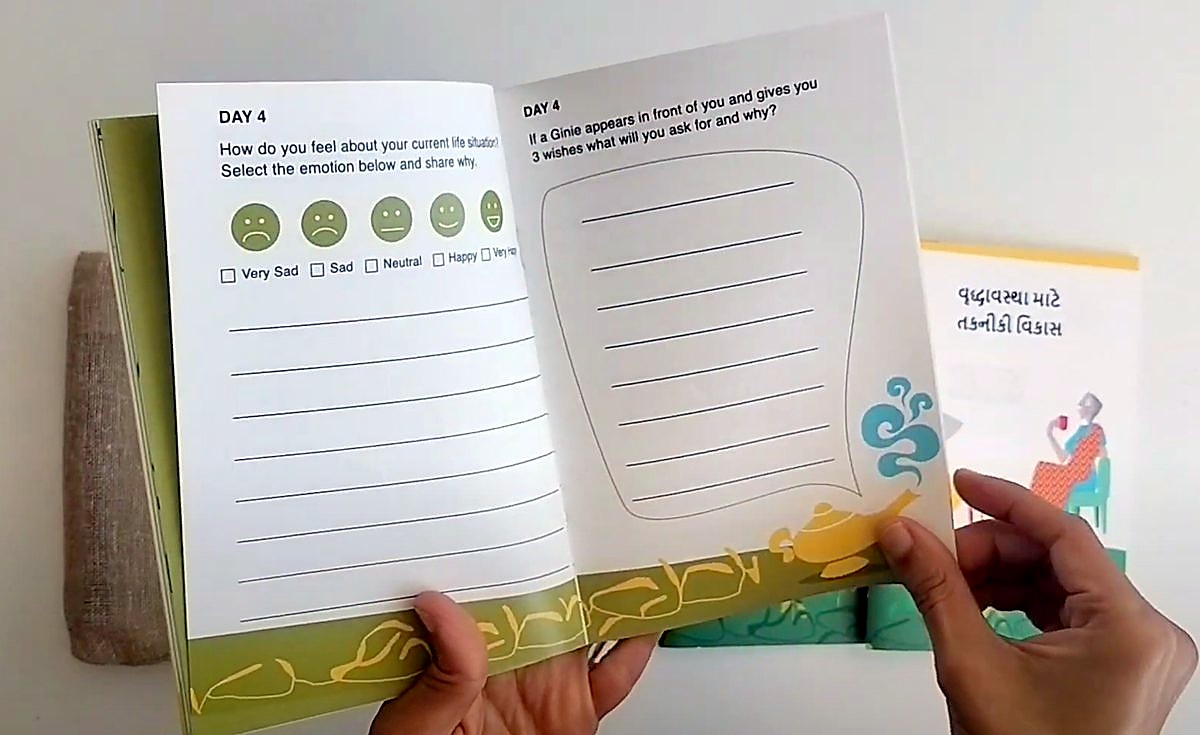 The booklet held open at day 4 · life satisfaction: How you feel about your life now, and three wishes from a genie.