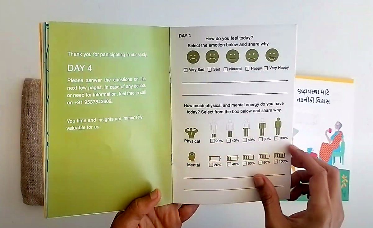 The booklet held open at every day · emotion and energy: How you feel today, and your physical and mental energy.