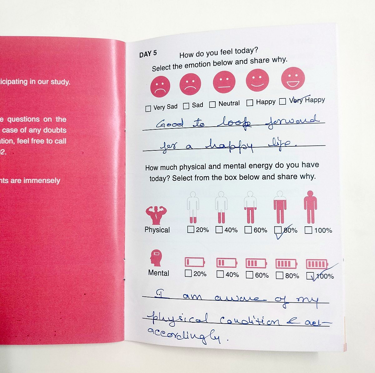 A returned booklet, day 5 · emotion and energy.
