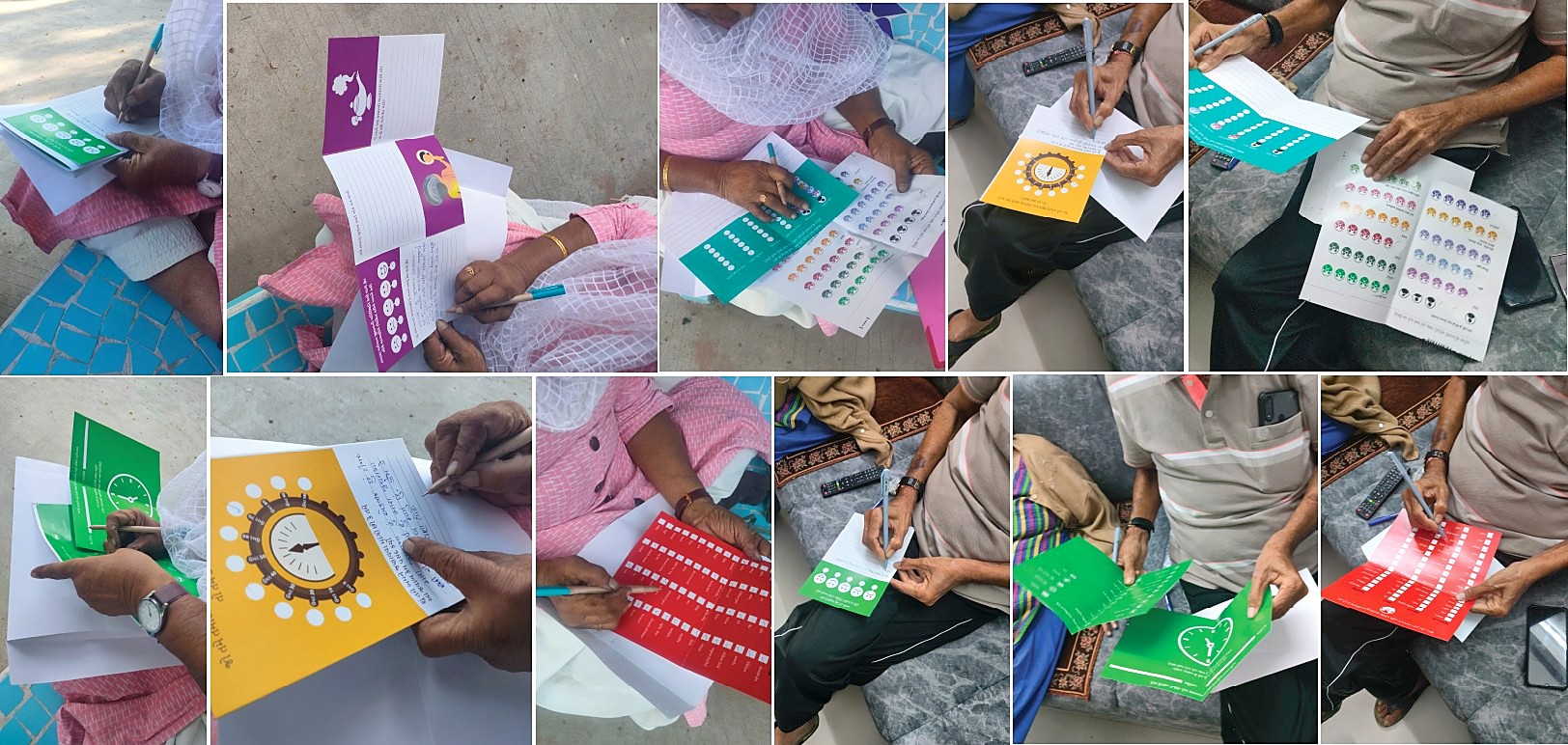 Eleven photos from the two pilots, hands only: writing on the genie lamp card, ticking the emotion card beside a sheet of stickers, the time machine card, the red social circle card and the green clock card.