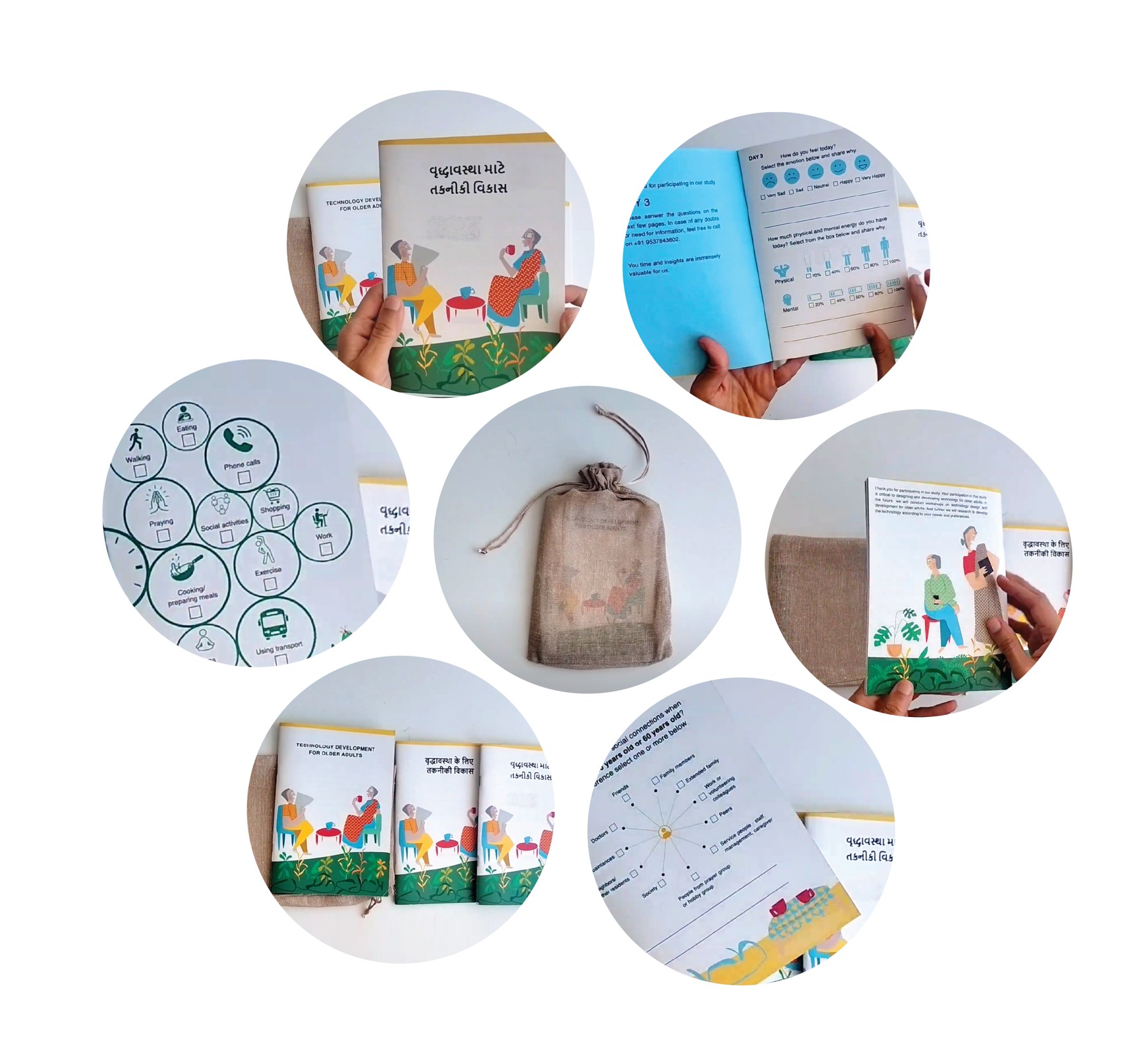 Seven circular views of the final kit: the Gujarati booklet cover, the Day 3 opening page, the Day 2 activity icons, the jute bag, the gratitude note, the booklets in English, Hindi and Gujarati, and the Day 1 social circle page.