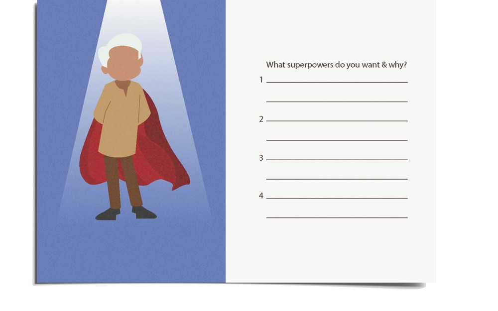 Version one activity card: The superpowers you want, and why, with an older man in a cape.