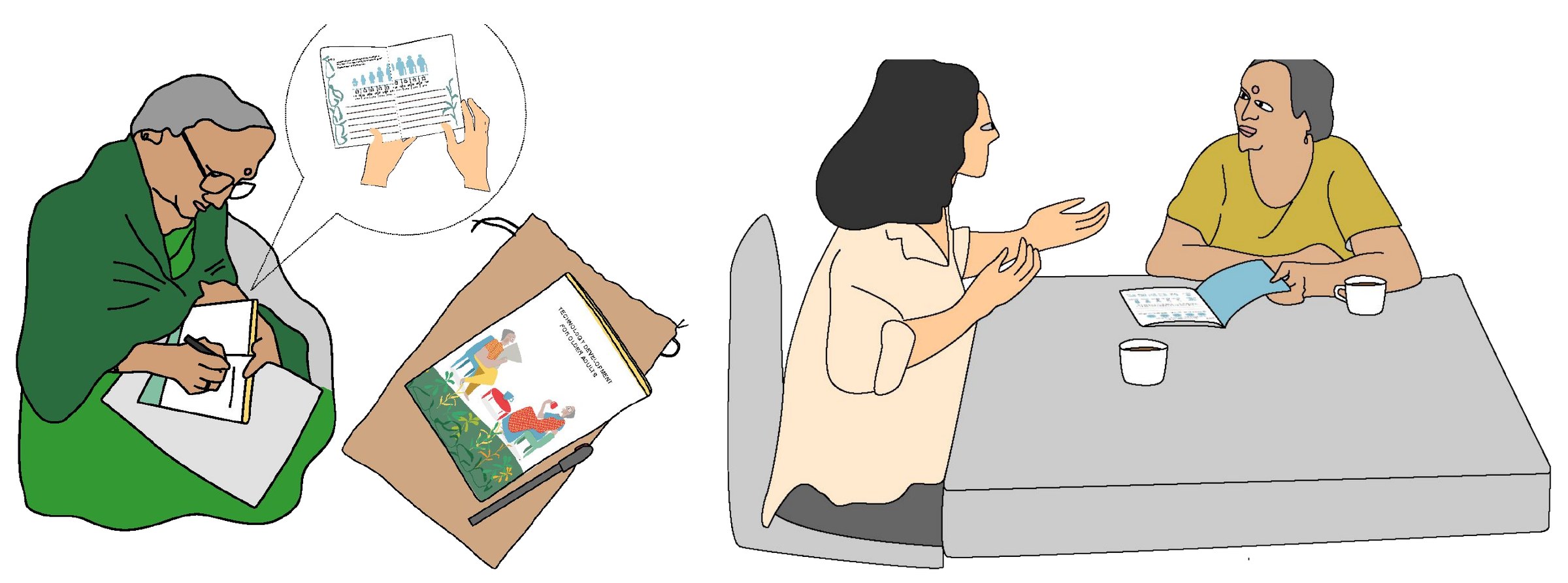 Illustration: an older woman writing in her probe booklet, and an interview at a table with an older woman holding her booklet.