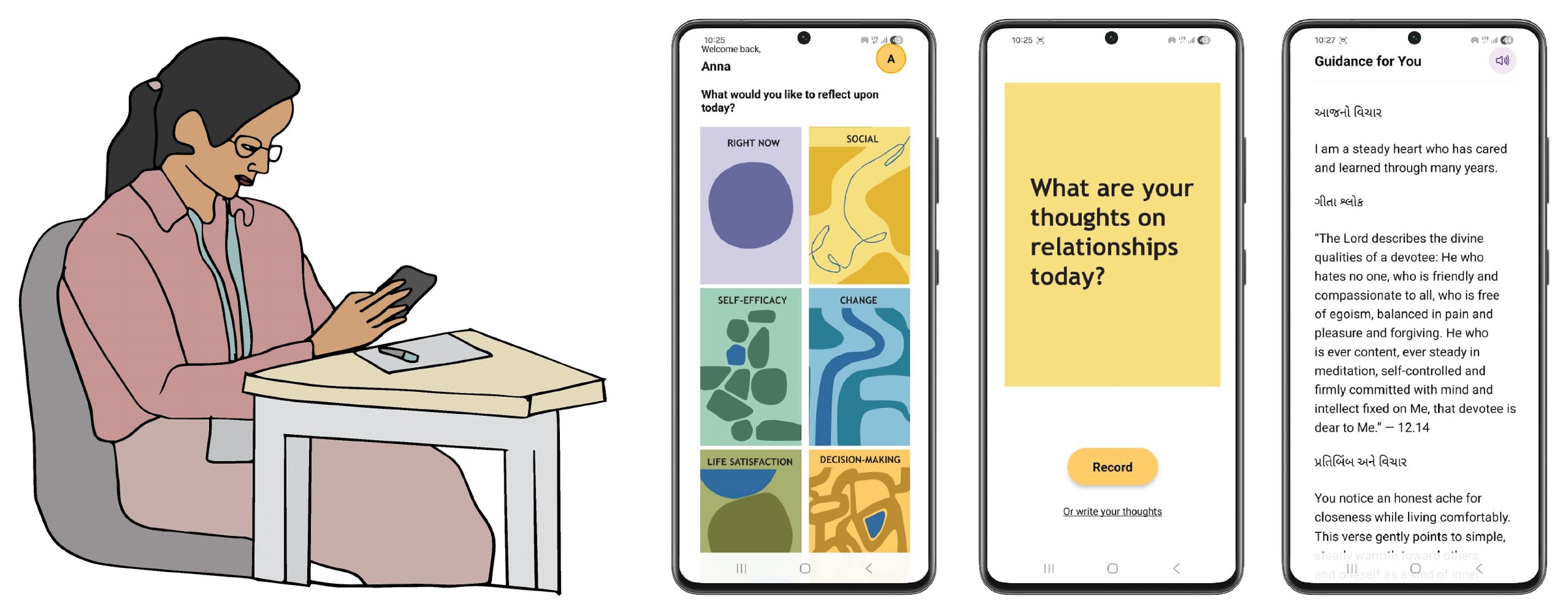 Illustration of a woman using the tool on her phone at a table, beside three app screens: choosing a card, the prompt What are your thoughts on relationships today?, and the guidance.