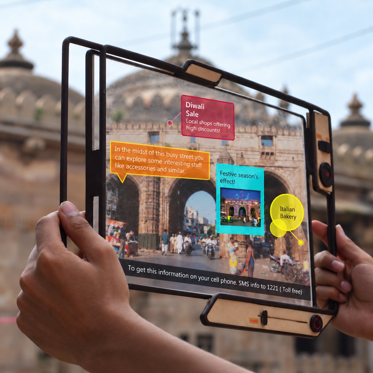 Concept view: information mode seen through the frame, with labels for a Diwali sale, a festival and an Italian bakery over Teen Darwaza.