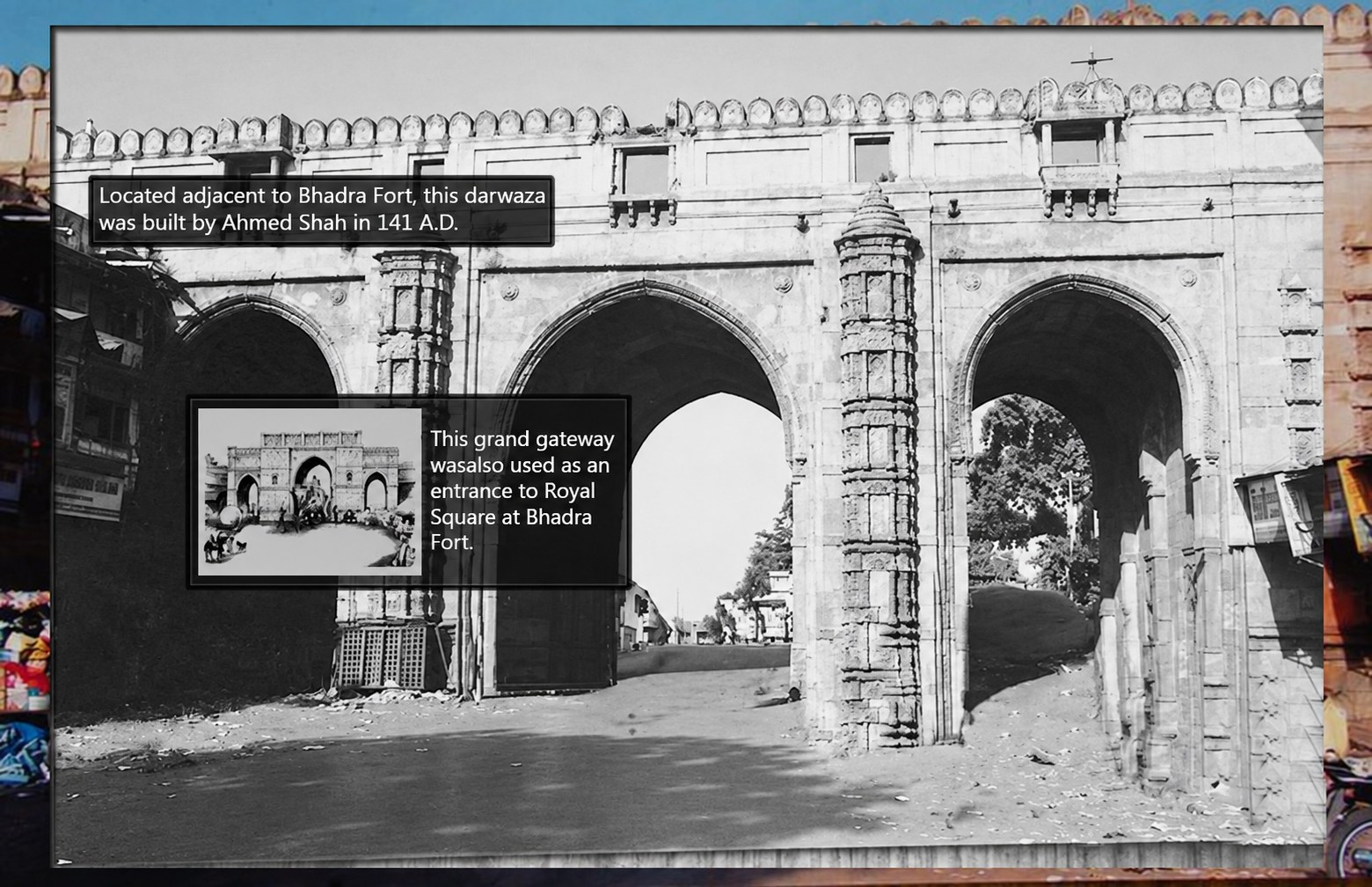History mode: the gateway in black and white with notes on its foundation.