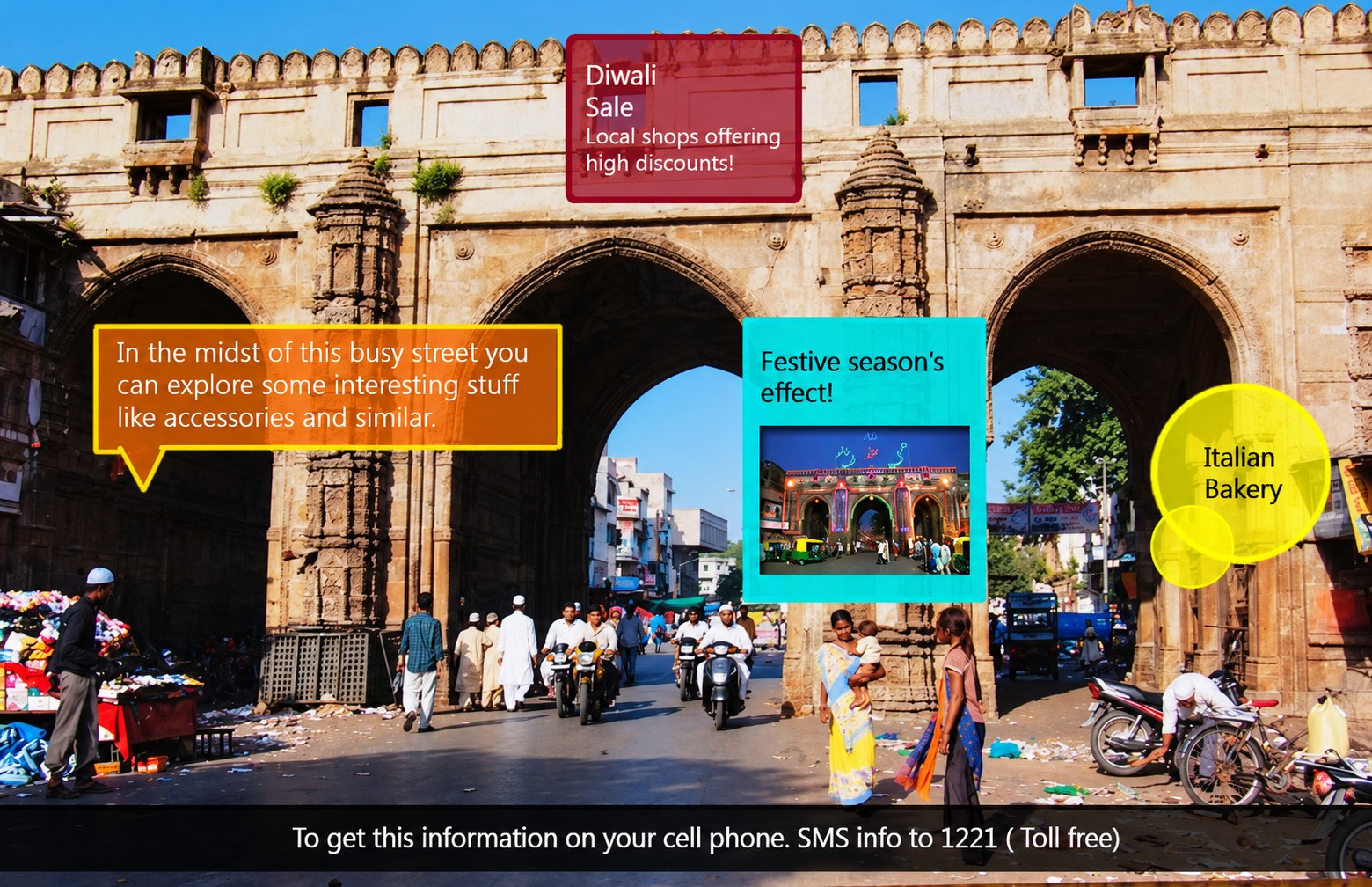 Information mode: the gateway today with labels for a Diwali sale, a festival and an Italian bakery.