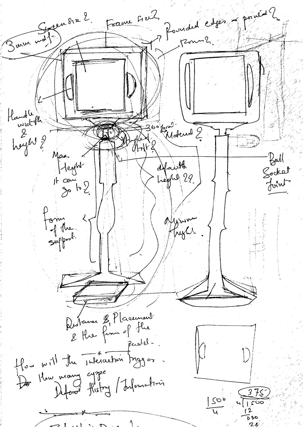 Pencil sketch of the frame on a stand, with notes on height and handles.