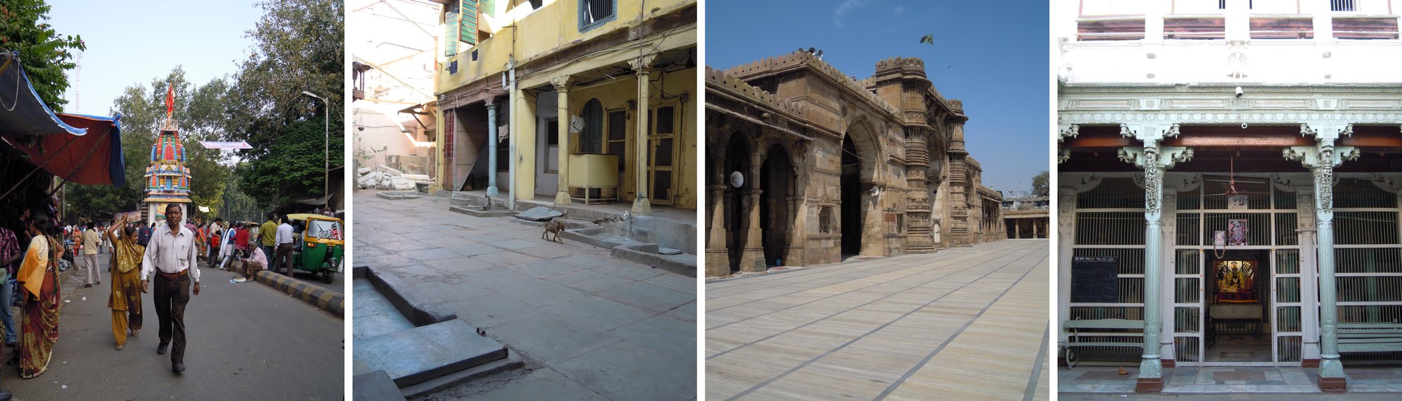 Four photographs of the old city: a busy street, a pol, a stone mosque courtyard and a carved haveli entrance.