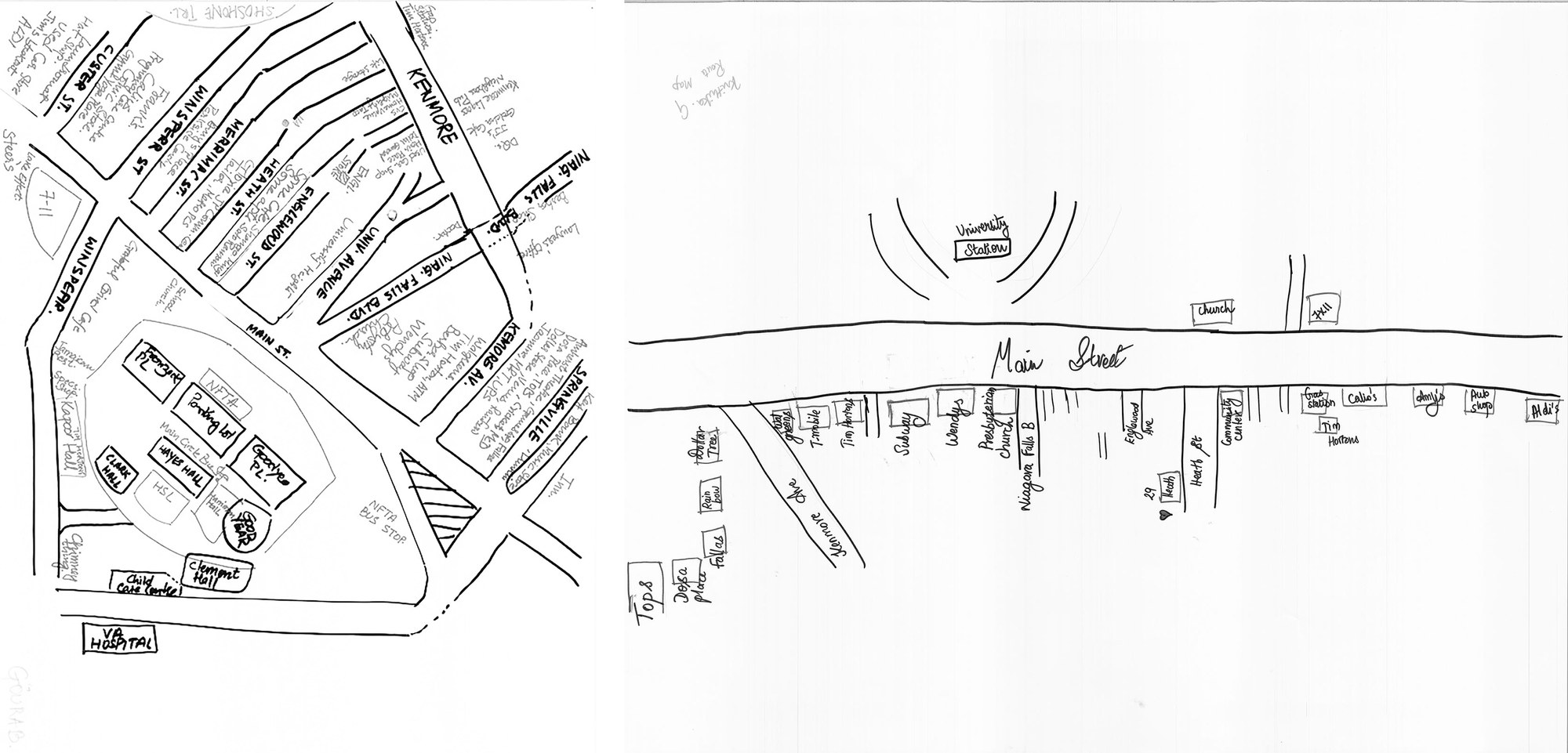 A dense hand-drawn neighbourhood map with street names and landmarks, and a sparser route map drawn along a main street.